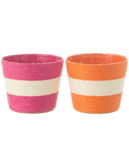 Petit Cache pot bohème Rond Diamètre 11 cm en Papier Plastique Rose Orange Tressé Orwy (Lot de 2) - 1