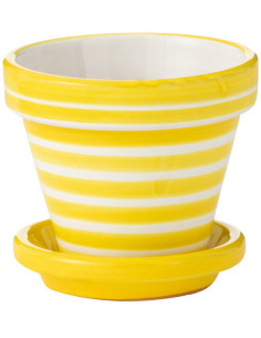 Petit Cache pot original extérieur Rond Diamètre 17 cm en Céramique Jaune Blanc Motif lignes Granada - 1