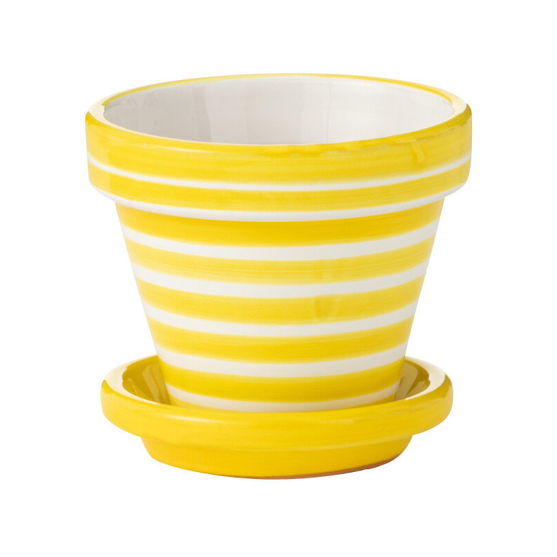 Petit Cache pot original extérieur Rond Diamètre 17 cm en Céramique Jaune Blanc Motif lignes Granada - 1