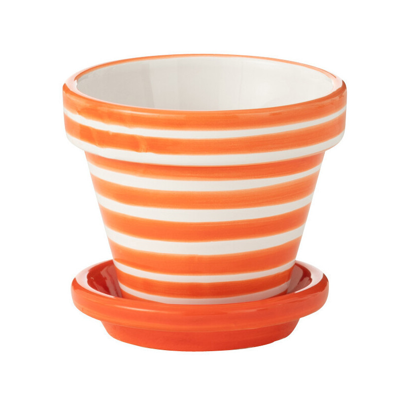 Petit Cache pot original extérieur Rond Diamètre 17 cm en Céramique Orange Blanc Motif lignes Granada - 1