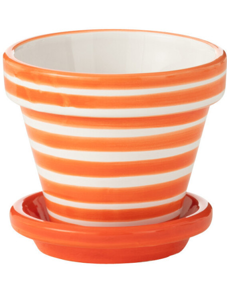 Petit Cache pot original extérieur Rond Diamètre 17 cm en Céramique Orange Blanc Motif lignes Granada - 1