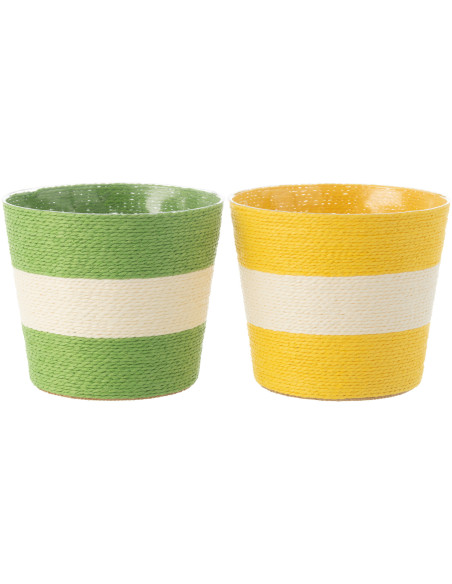 Cache pot bohème Rond Diamètre 17 cm en Papier Plastique Jaune Vert Tressé Orwy (Lot de 2) - 1