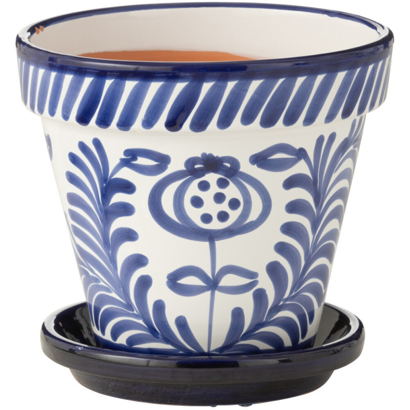 Grand Cache pot original extérieur Rond Diamètre 27 cm en Céramique Bleu cobalt Blanc Motif fleur Granada - 1