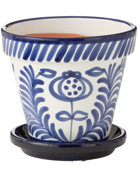 Grand Cache pot original extérieur Rond Diamètre 27 cm en Céramique Bleu cobalt Blanc Motif fleur Granada - 1