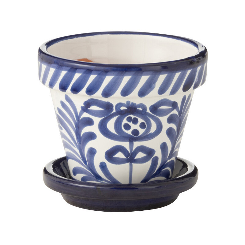 Petit Cache pot original extérieur Rond Diamètre 17 cm en Céramique Bleu cobalt Blanc Motif fleur Granada - 1