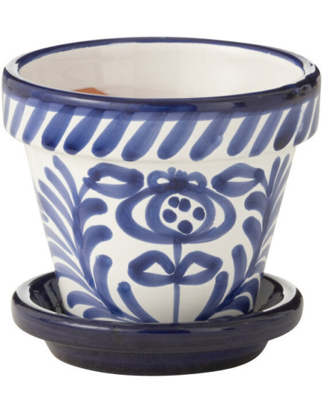 Petit Cache pot original extérieur Rond Diamètre 17 cm en Céramique Bleu cobalt Blanc Motif fleur Granada - 1