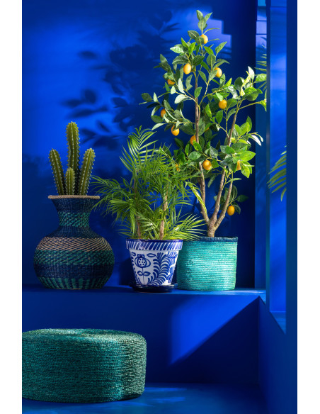 Petit Cache pot original extérieur Rond Diamètre 17 cm en Céramique Bleu cobalt Blanc Motif fleur Granada - 2