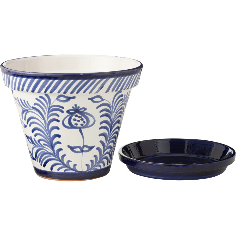 Petit Cache pot original extérieur Rond Diamètre 17 cm en Céramique Bleu cobalt Blanc Motif fleur Granada - 3