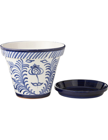 Petit Cache pot original extérieur Rond Diamètre 17 cm en Céramique Bleu cobalt Blanc Motif fleur Granada - 3