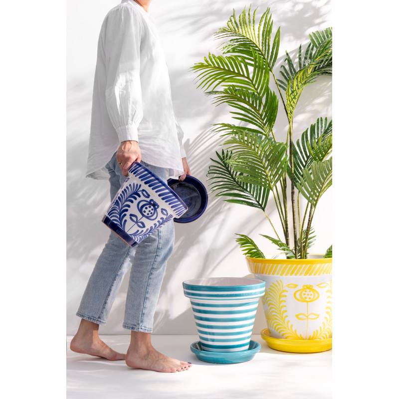 Petit Cache pot original extérieur Rond Diamètre 17 cm en Céramique Bleu cobalt Blanc Motif fleur Granada - 5