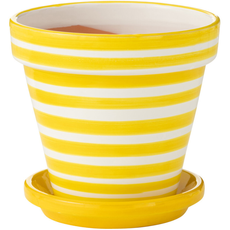 Grand Cache pot original extérieur Rond Diamètre 27 cm en Céramique Jaune Blanc Motif lignes Granada - 1