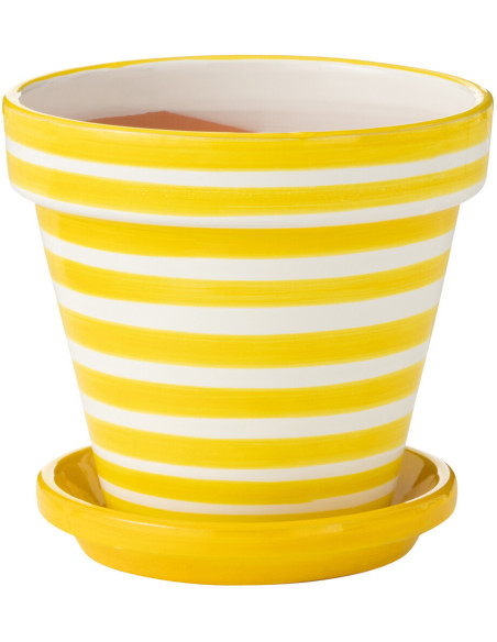 Grand Cache pot original extérieur Rond Diamètre 27 cm en Céramique Jaune Blanc Motif lignes Granada - 1