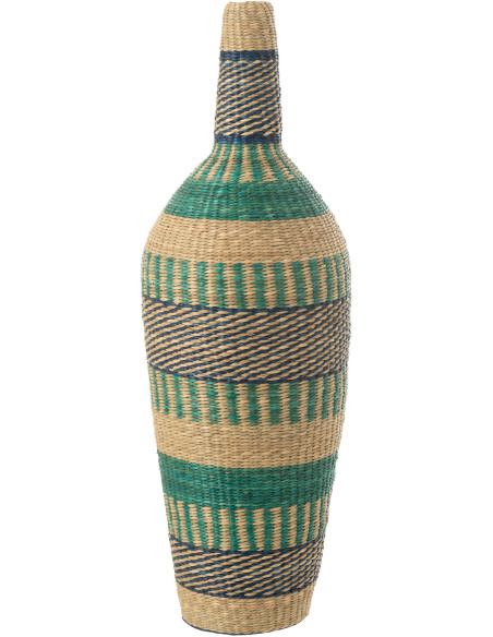 Grand Vase africain Bouteille Hauteur 90 cm en Jonc de mer Bleu foncé Bleu azur Tressé Motif rayures Ninon - 1