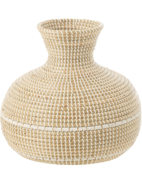 Grand Vase africain Rond Hauteur 39 cm en Jonc de mer Naturel Blanc Tressé Sena - 1