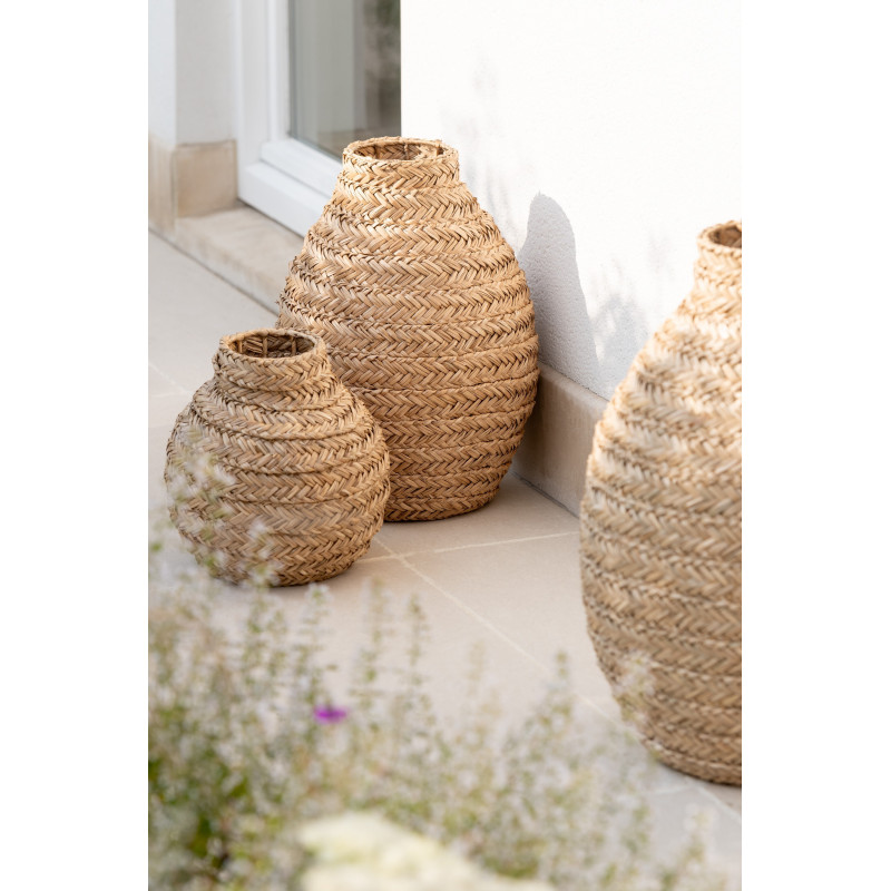 Grand Vase africain Rond Hauteur 39 cm en Jonc de mer Naturel Blanc Tressé Sena - 5