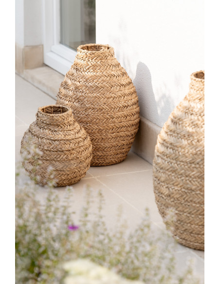 Grand Vase africain Rond Hauteur 39 cm en Jonc de mer Naturel Blanc Tressé Sena - 5