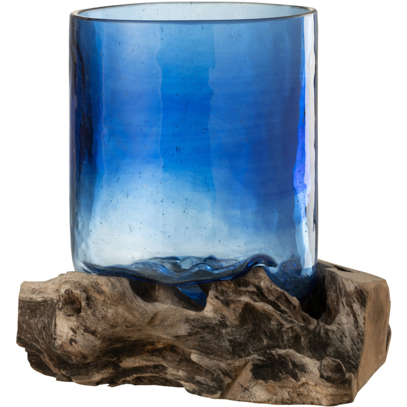 Vase original sur pied Cylindrique Hauteur 16 cm en Verre Bleu Bois Naturel Felix - 1