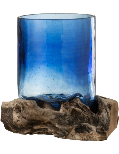 Vase original sur pied Cylindrique Hauteur 16 cm en Verre Bleu Bois Naturel Felix - 1