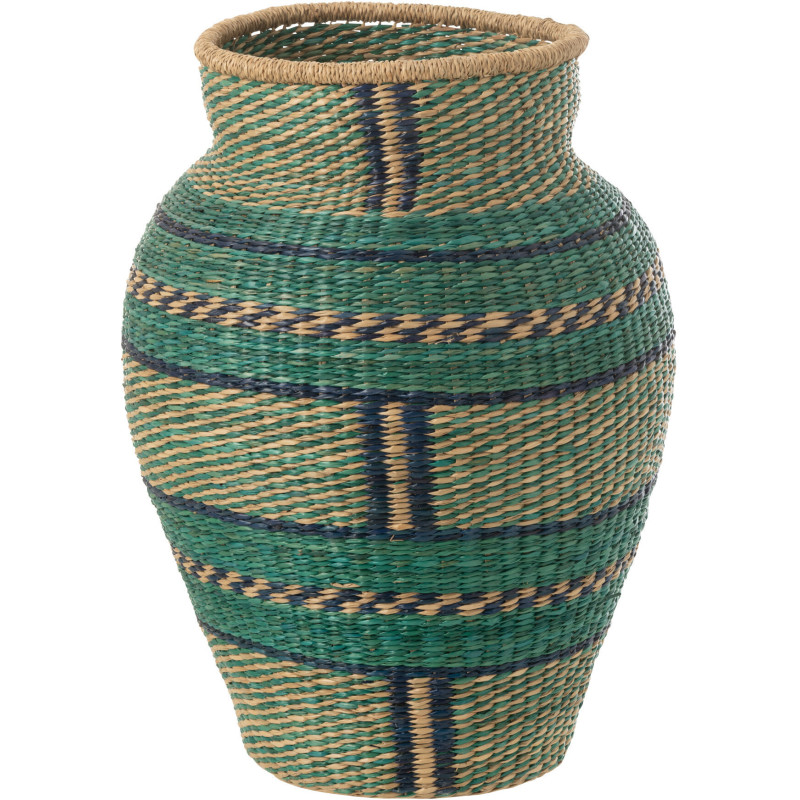 Grand Vase africain Rond Hauteur 48 cm en Jonc de mer Bleu foncé Bleu azur Tressé Motif rayures Cécile - 1