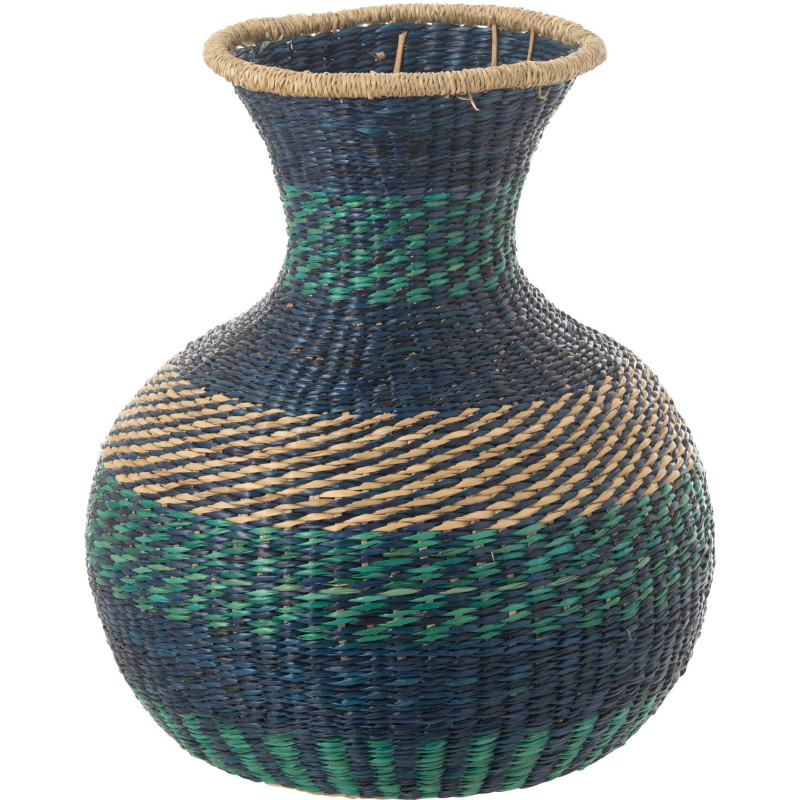 Grand Vase africain Rond Hauteur 43 cm en Jonc de mer Bleu foncé Bleu azur Tressé Motif rayures Louisa - 1
