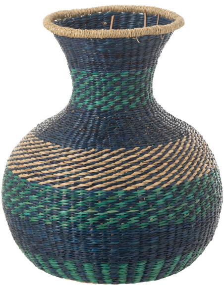 Grand Vase africain Rond Hauteur 43 cm en Jonc de mer Bleu foncé Bleu azur Tressé Motif rayures Louisa - 1