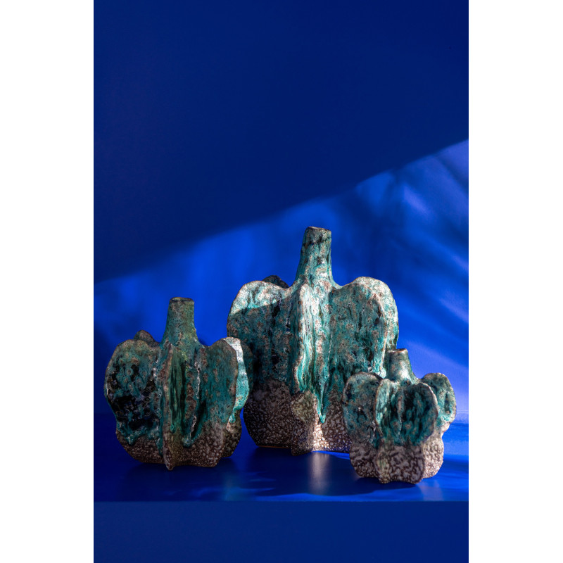 Grand Vase moderne Bouteille Hauteur 31 cm en Céramique Blanc Motif fleurs Yucca - 4