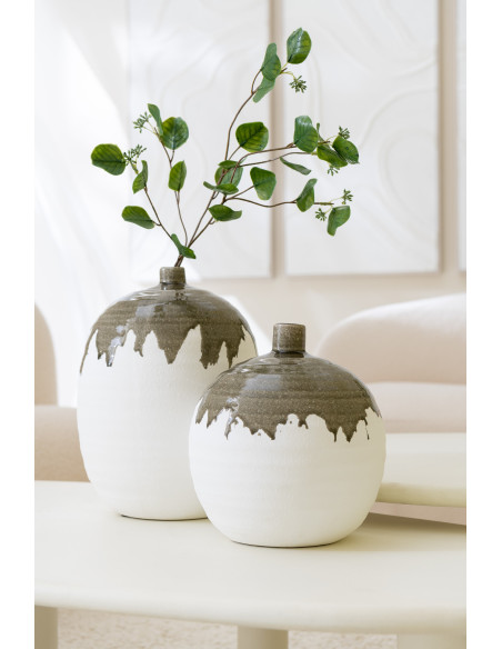Grand Vase moderne bicolore Rond Hauteur 47 cm en Argile Vert olive Blanc Olea - 3