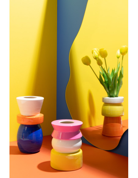 Vase moderne Rond Hauteur 23 cm en Verre Transparent Ambré Pebbles - 2