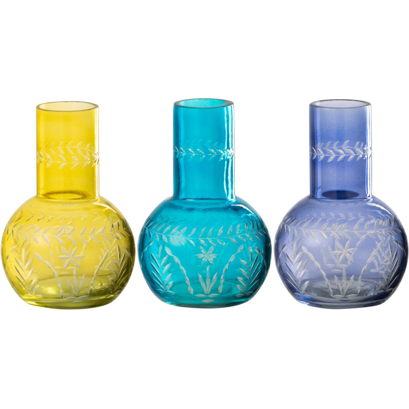 Vase moderne Calebasse Hauteur 17 cm en Verre Jaune Bleu azur Bleu foncé Motif fleurs Tarifa (Lot de 3) - 1