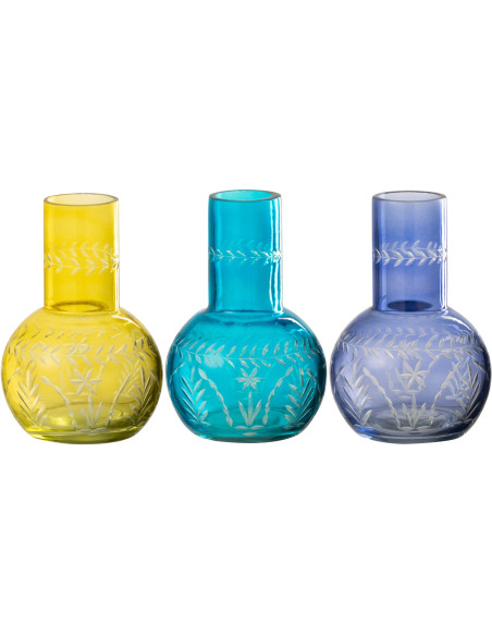 Vase moderne Calebasse Hauteur 17 cm en Verre Jaune Bleu azur Bleu foncé Motif fleurs Tarifa (Lot de 3) - 1