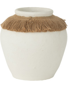 Vase ethnique chic Ovale Hauteur 19 cm en Argile Blanc Roseau Naturel Ibiza - 1