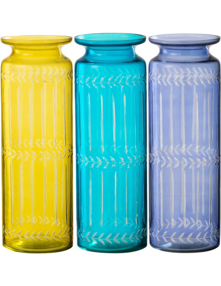 Grand Vase moderne Cylindrique Hauteur 30 cm en Verre Jaune Bleu azur Bleu foncé Motif fleurs Tarifa (Lot de 3) - 1