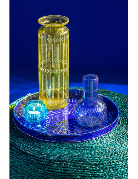 Grand Vase moderne Cylindrique Hauteur 30 cm en Verre Jaune Bleu azur Bleu foncé Motif fleurs Tarifa (Lot de 3) - 2