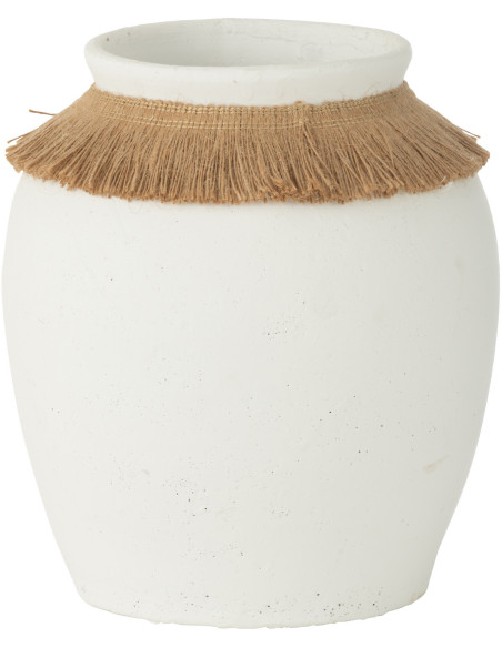 Grand Vase ethnique chic Ovale Hauteur 26 cm en Argile Blanc Roseau Naturel Ibiza - 1