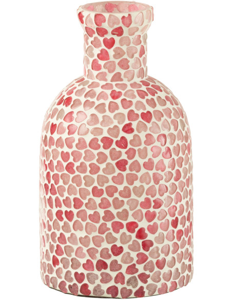 Vase moderne Mosaïque Bouteille Hauteur 20 cm en Verre Rose Blanc Motif coeurs Kemo - 1