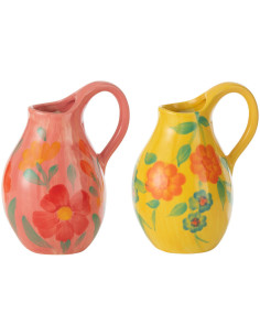 Petit vase bohème Pichet Hauteur 15 cm en Argile Jaune Rose Motif fleurs Alegria (Lot de 2) - 1