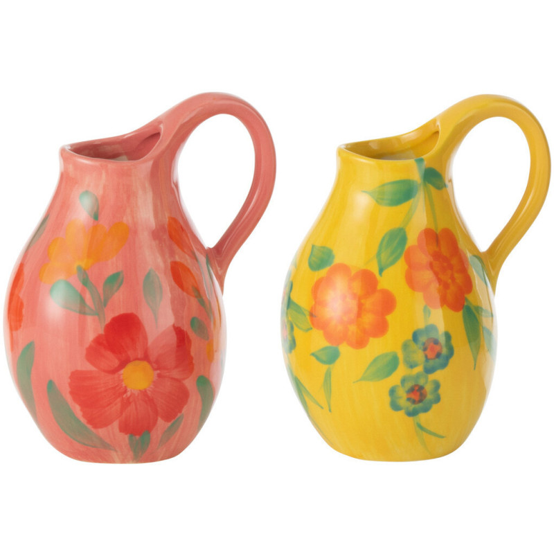 Petit vase bohème Pichet Hauteur 15 cm en Argile Jaune Rose Motif fleurs Alegria (Lot de 2) - 1