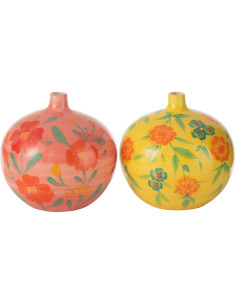 Vase bohème Boule 21 cm en Argile Jaune Rose Motif fleurs Alegria (Lot de 2) - 1