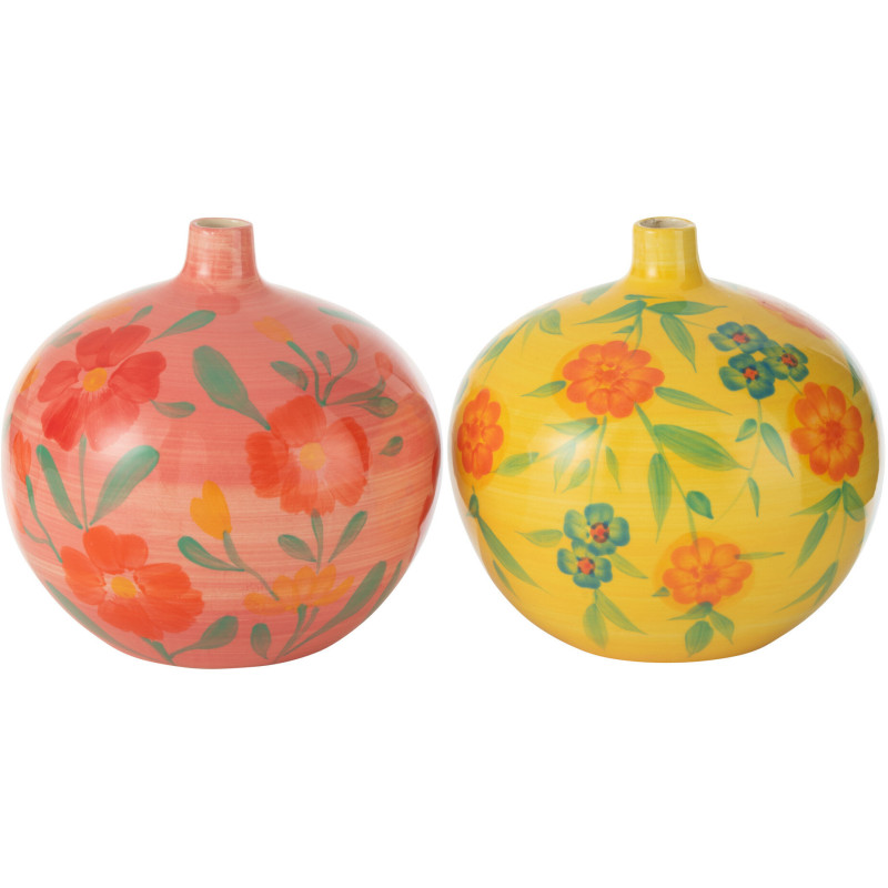 Vase bohème Boule 21 cm en Argile Jaune Rose Motif fleurs Alegria (Lot de 2) - 1