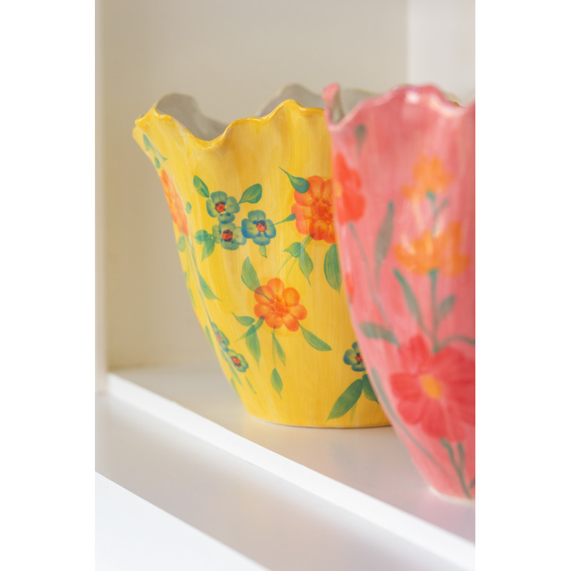 Vase bohème Boule 21 cm en Argile Jaune Rose Motif fleurs Alegria (Lot de 2) - 3