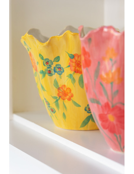 Vase bohème Boule 21 cm en Argile Jaune Rose Motif fleurs Alegria (Lot de 2) - 3