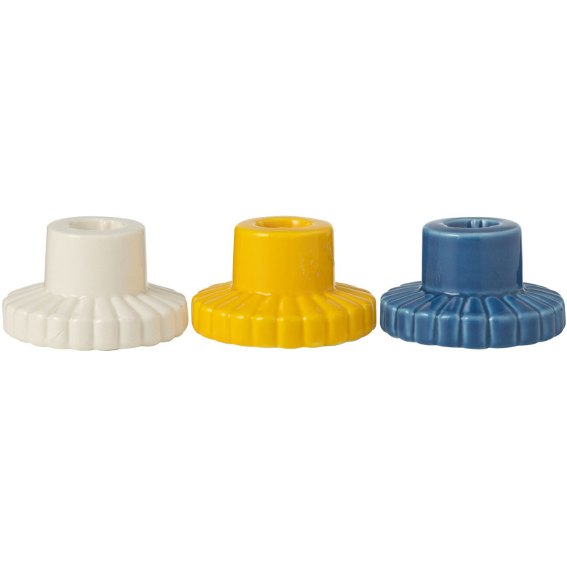 Petits Bougeoirs modernes 8 cm en Porcelaine Blanc Jaune Bleu Fony (Lot de 3) - 1
