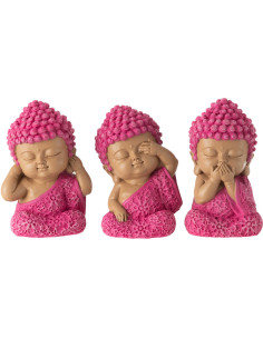 Statuettes déco Moines Entendre Voir Se taire Hauteur 9 cm en Résine Rose fuchsia Bleu azur Tanu (Lot de 3) - 1