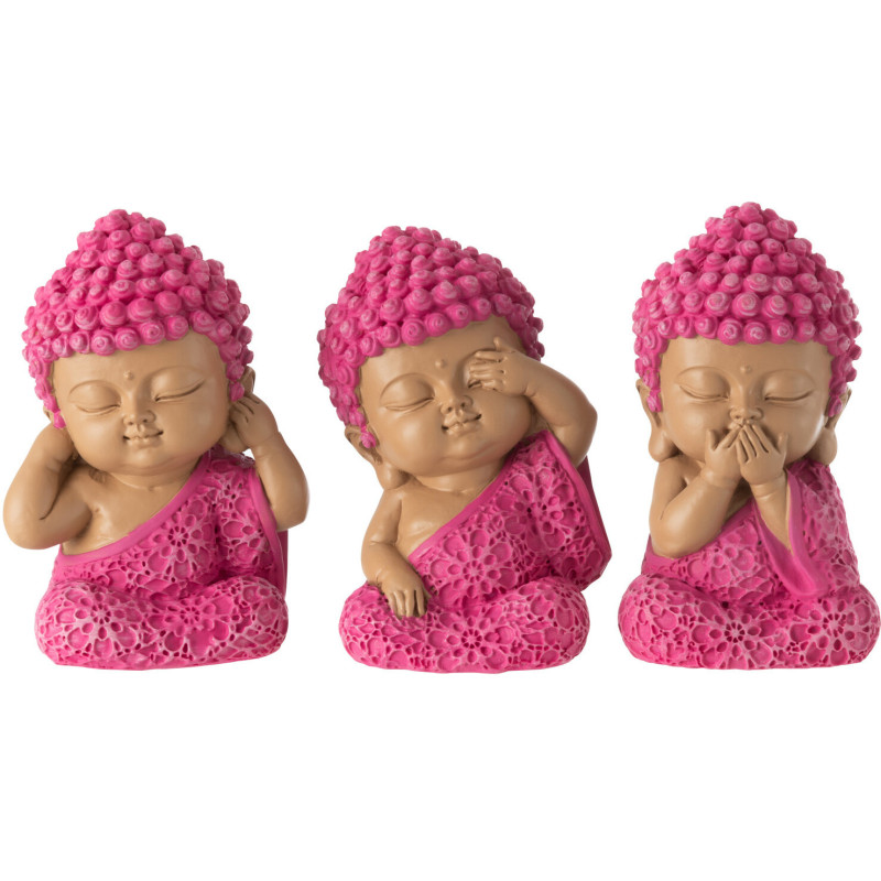 Statuettes déco Moines Entendre Voir Se taire Hauteur 9 cm en Résine Rose fuchsia Bleu azur Tanu (Lot de 3) - 1