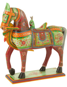 Statue indienne Cheval 55 cm en Bois de manguier Rouge Vert Mumbai - 1