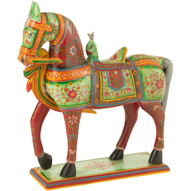 Statue indienne Cheval 55 cm en Bois de manguier Rouge Vert Mumbai - 1