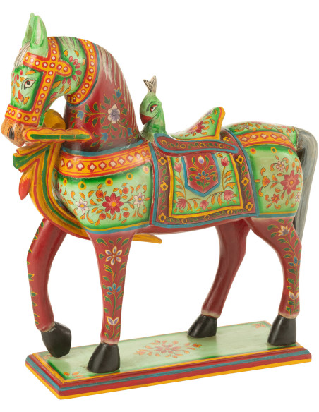 Statue indienne Cheval 55 cm en Bois de manguier Rouge Vert Mumbai - 1