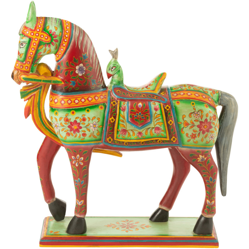 Statue indienne Cheval 55 cm en Bois de manguier Rouge Vert Mumbai - 2