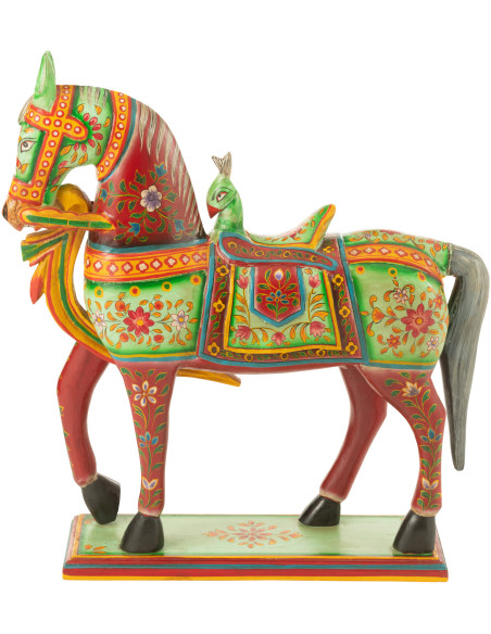 Statue indienne Cheval 55 cm en Bois de manguier Rouge Vert Mumbai - 2