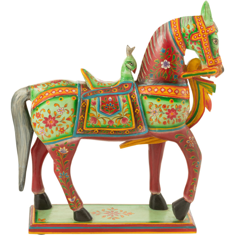 Statue indienne Cheval 55 cm en Bois de manguier Rouge Vert Mumbai - 4